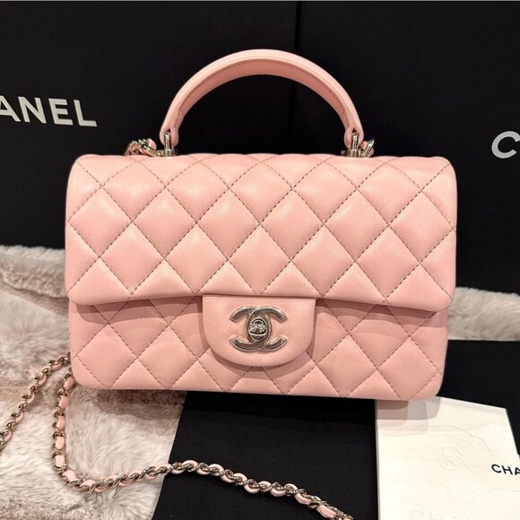 Authentic CHANEL Lambskin Quilted Mini Top Handle Rectangular Flap Bag Pink - Picture 1 of 11